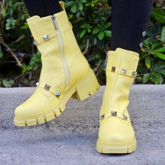 Women's Yellow Pyramid Stud Ankle Combat Boot - Picture 5 of 5